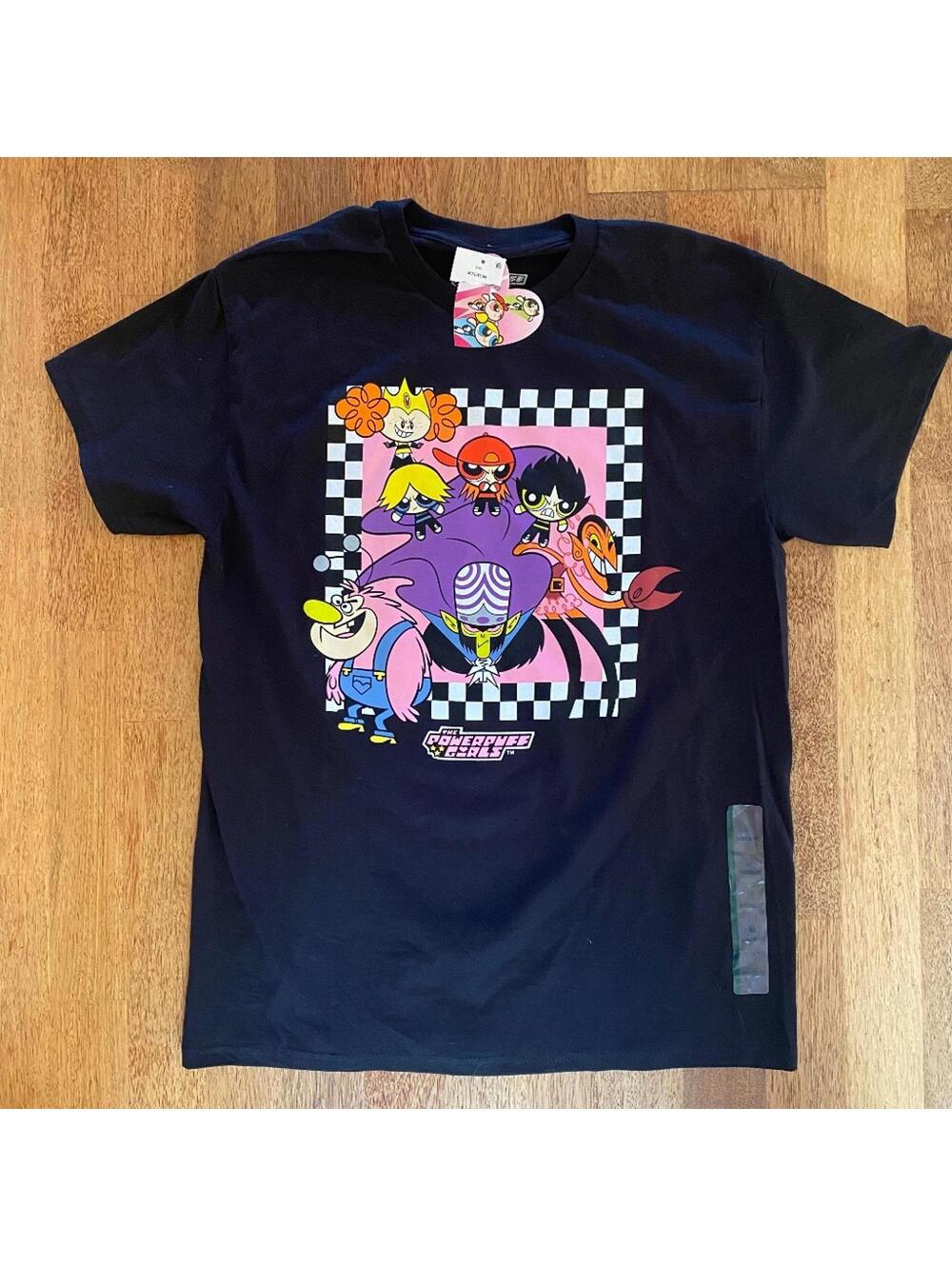 Powerpuff New Adult M Med T-Shirt - Girls & Mojo Jojo in Checked Frame NWT BLACK